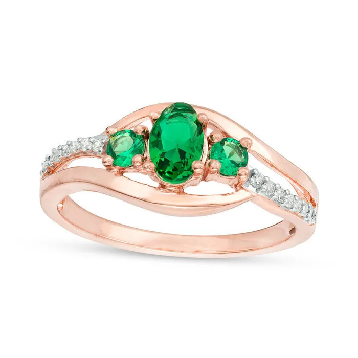 Goldia Rings Oval LabCreated Emerald and 005 CT TW Diamond Three Stone Bypass Engagement Ring in Solid 10K Rose Gold Goldia Rings Oval LabCreated Emerald and 005 CT TW Diamond Three Stone Bypass Engagement Ring in Solid 10K Rose Gold