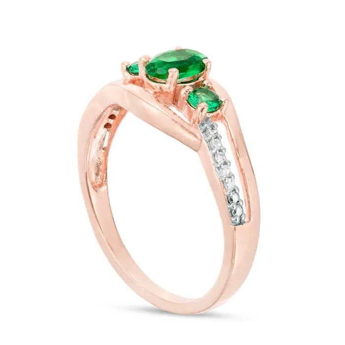 Goldia Rings Oval LabCreated Emerald and 005 CT TW Diamond Three Stone Bypass Engagement Ring in Solid 10K Rose Gold Goldia Rings Oval LabCreated Emerald and 005 CT TW Diamond Three Stone Bypass Engagement Ring in Solid 10K Rose Gold