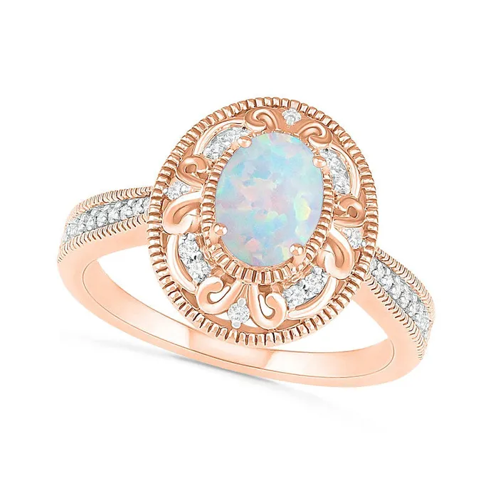 Goldia Rings Oval LabCreated Opal and 013 CT TW Diamond Filigree Frame Antique VintageStyle Ring in Solid 10K Rose Gold Goldia Rings Oval LabCreated Opal and 013 CT TW Diamond Filigree Frame Antique VintageStyle Ring in Solid 10K Rose Gold