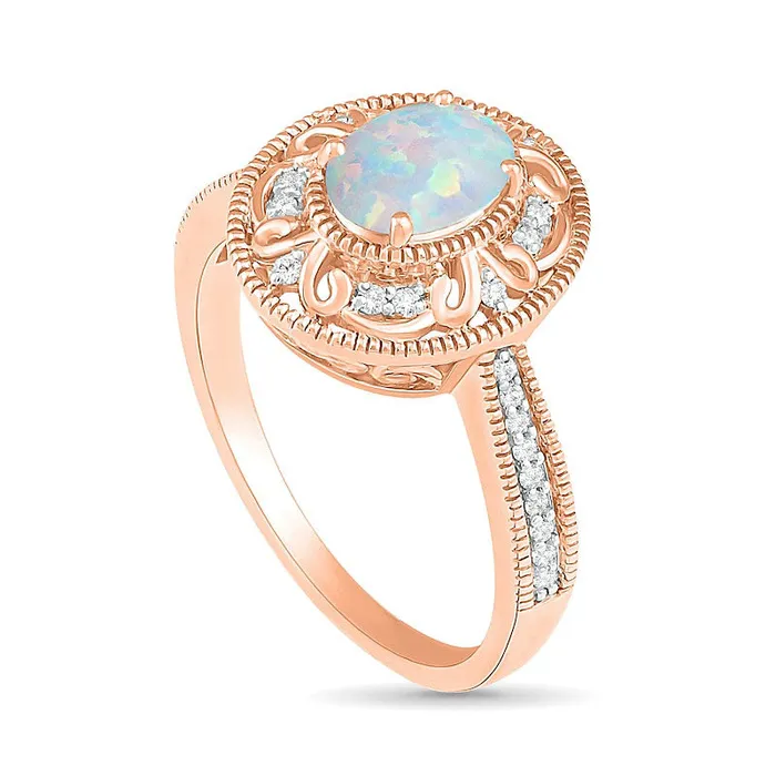 Goldia Rings Oval LabCreated Opal and 013 CT TW Diamond Filigree Frame Antique VintageStyle Ring in Solid 10K Rose Gold Goldia Rings Oval LabCreated Opal and 013 CT TW Diamond Filigree Frame Antique VintageStyle Ring in Solid 10K Rose Gold