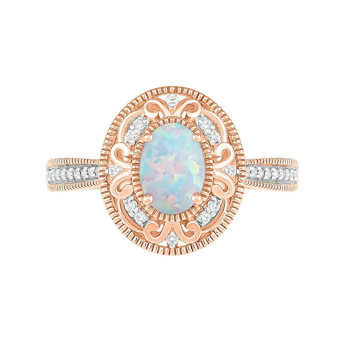 Goldia Rings Oval LabCreated Opal and 013 CT TW Diamond Filigree Frame Antique VintageStyle Ring in Solid 10K Rose Gold Goldia Rings Oval LabCreated Opal and 013 CT TW Diamond Filigree Frame Antique VintageStyle Ring in Solid 10K Rose Gold