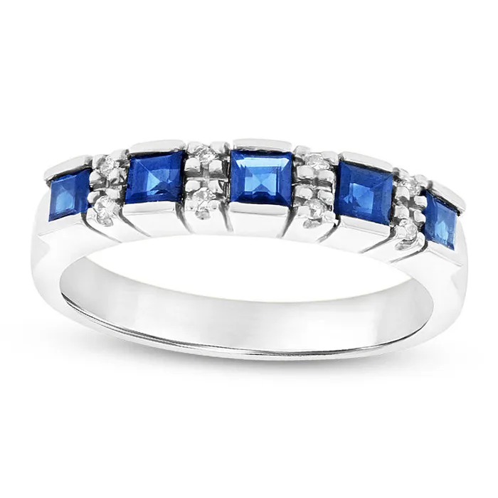 Goldia Rings PrincessCut Blue Sapphire and Natural Diamond Accent Five Stone Ring in Solid 14K White Gold Goldia Rings PrincessCut Blue Sapphire and Natural Diamond Accent Five Stone Ring in Solid 14K White Gold