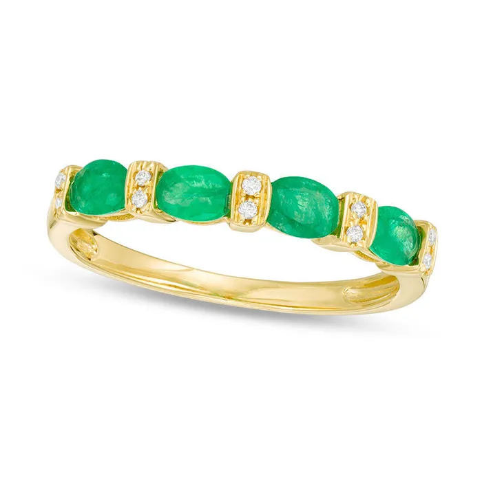Goldia Rings Sideways Oval Emerald and 005 CT TW Natural Diamond Alternating Four Stone Ring in Solid 14K Gold Goldia Rings Sideways Oval Emerald and 005 CT TW Natural Diamond Alternating Four Stone Ring in Solid 14K Gold