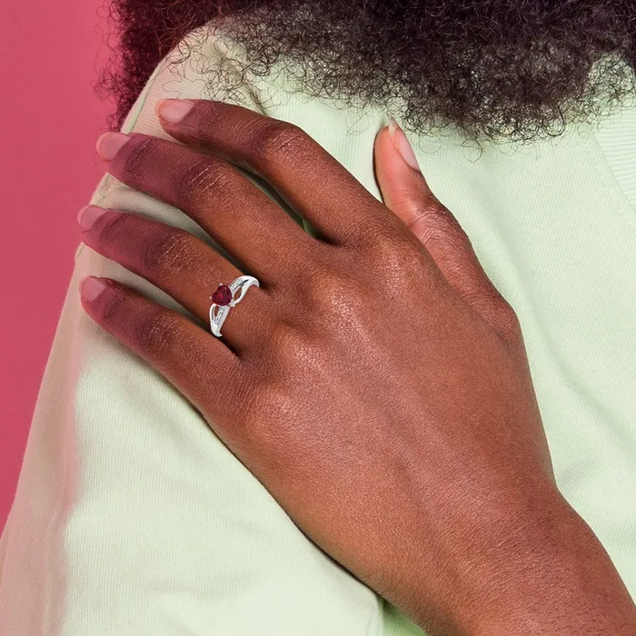 Goldia Rings Solid 14k White Gold Created Simulated Ruby and CZ Heart Ring