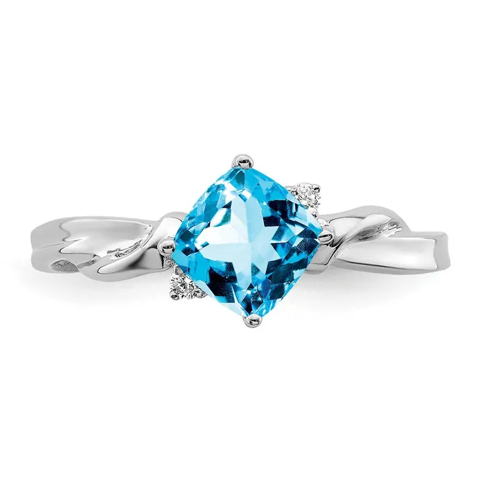 Goldia Rings Solid 14k White Gold Cushion Simulated Blue Topaz and CZ Ring