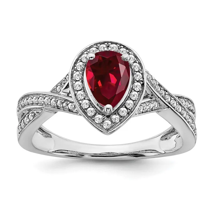 Goldia Rings Solid 14k White Gold Pear Created Simulated Ruby and CZ Halo Ring Goldia Rings Solid 14k White Gold Pear Created Simulated Ruby and CZ Halo Ring