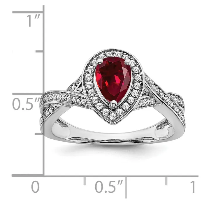 Goldia Rings Solid 14k White Gold Pear Created Simulated Ruby and CZ Halo Ring