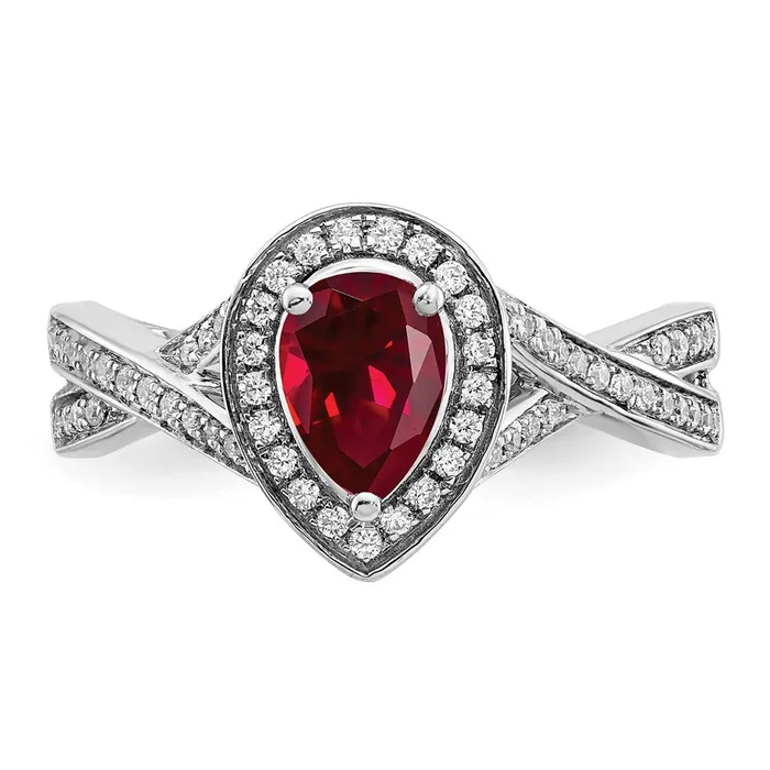 Goldia Rings Solid 14k White Gold Pear Created Simulated Ruby and CZ Halo Ring