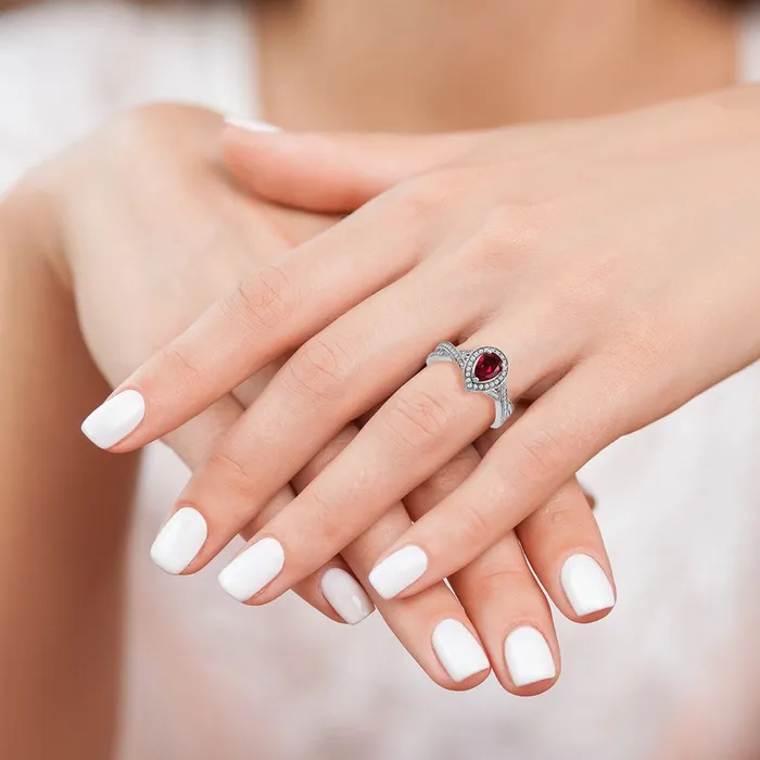 Goldia Rings Solid 14k White Gold Pear Created Simulated Ruby and CZ Halo Ring