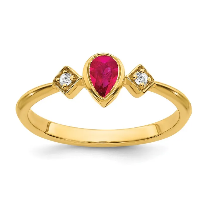 Goldia Rings Solid 14k Yellow Gold Pear Bezel Simulated Ruby and CZ Ring