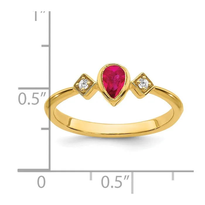 Goldia Rings Solid 14k Yellow Gold Pear Bezel Simulated Ruby and CZ Ring