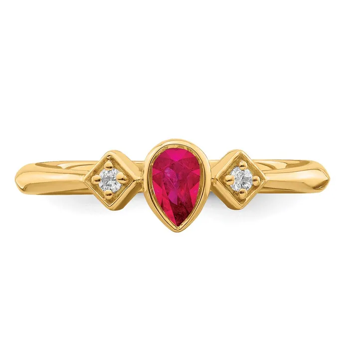 Goldia Rings Solid 14k Yellow Gold Pear Bezel Simulated Ruby and CZ Ring