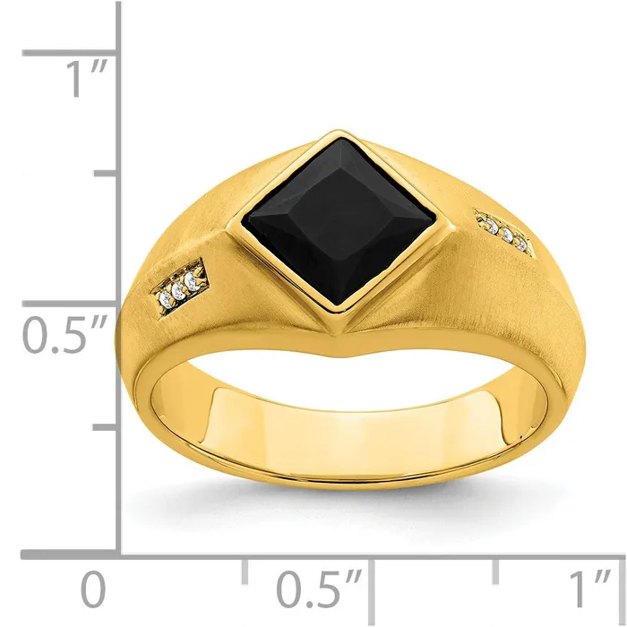 Goldia Rings Solid 14k Yellow Gold Simulated Onyx and CZ Satin Mens Ring