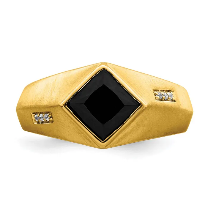 Goldia Rings Solid 14k Yellow Gold Simulated Onyx and CZ Satin Mens Ring