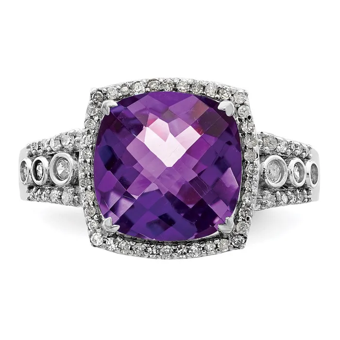 Goldia Rings Sterling Silver Rhodiumplated CheckerCut Amethyst u0026 Diamond Ring
