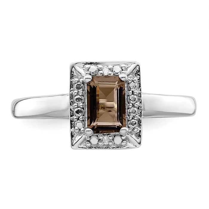 Goldia Rings Sterling Silver Rhodium Smoky Quartz Diamond Ring