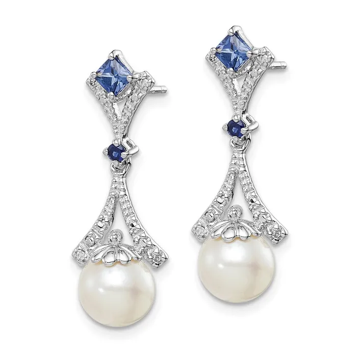 Goldia Sterling Silver Rhod Plated Dia FW Cultured PearlCr Sapphire Ear Earrings
