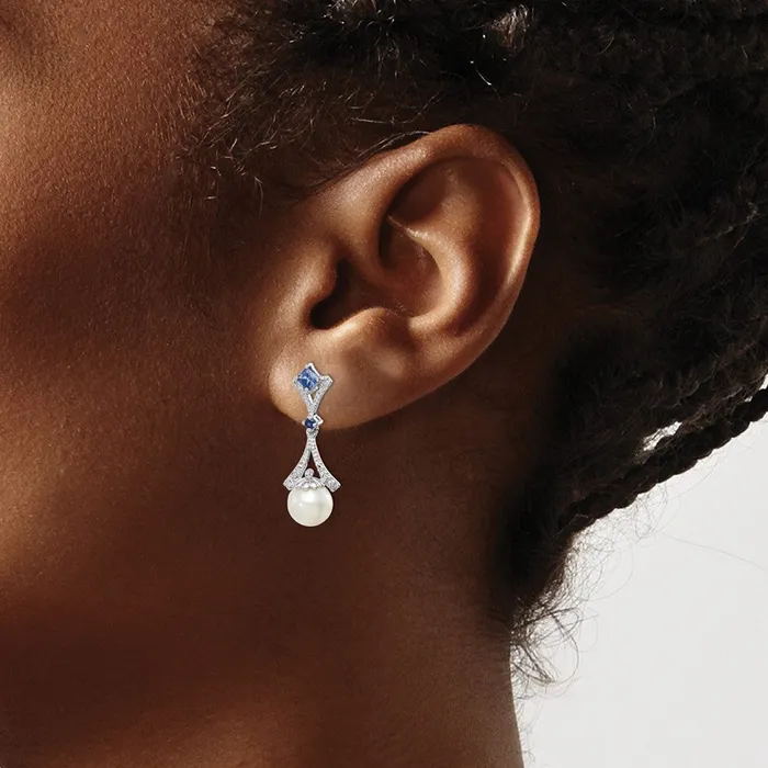 Goldia Sterling Silver Rhod Plated Dia FW Cultured PearlCr Sapphire Ear Earrings