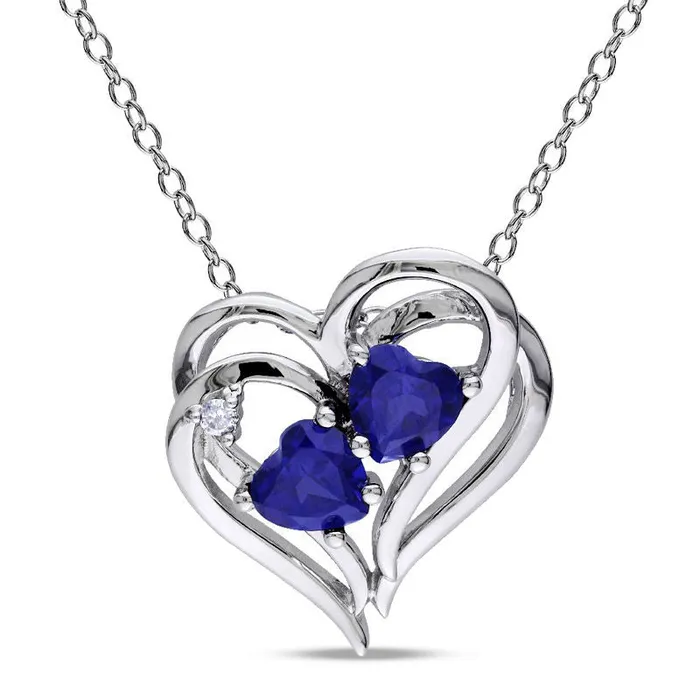 HeartShaped LabCreated Blue Sapphire and Diamond Accent Double Heart Pendant in Sterling Silver Goldia Necklaces HeartShaped LabCreated Blue Sapphire and Diamond Accent Double Heart Pendant in Sterling Silver Goldia Necklaces