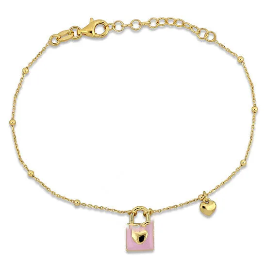JMS always Bracelets Original Amour Lock and Heart Pink Enamel Diamond Cut Cable and Ball Bead Chain Bracelet in Yellow Plated Sterling Silver