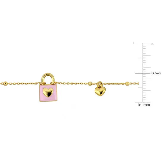 JMS always Bracelets Original Amour Lock and Heart Pink Enamel Diamond Cut Cable and Ball Bead Chain Bracelet in Yellow Plated Sterling Silver JMS always Bracelets Original Amour Lock and Heart Pink Enamel Diamond Cut Cable and Ball Bead Chain Bracelet in Yellow Plated Sterling Silver