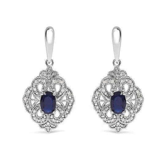 JMS always Earrings Original 925 Sterling Silver 6x4 MM Oval Blue Sapphire and White Diamond Accent Art Deco Style Shield Dangle Earring IJ Color I3 Clarity JMS always Earrings Original 925 Sterling Silver 6x4 MM Oval Blue Sapphire and White Diamond Accent Art Deco Style Shield Dangle Earring IJ Color I3 Clarity