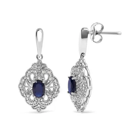 JMS always Earrings Original 925 Sterling Silver 6x4 MM Oval Blue Sapphire and White Diamond Accent Art Deco Style Shield Dangle Earring IJ Color I3 Clarity JMS always Earrings Original 925 Sterling Silver 6x4 MM Oval Blue Sapphire and White Diamond Accent Art Deco Style Shield Dangle Earring IJ Color I3 Clarity