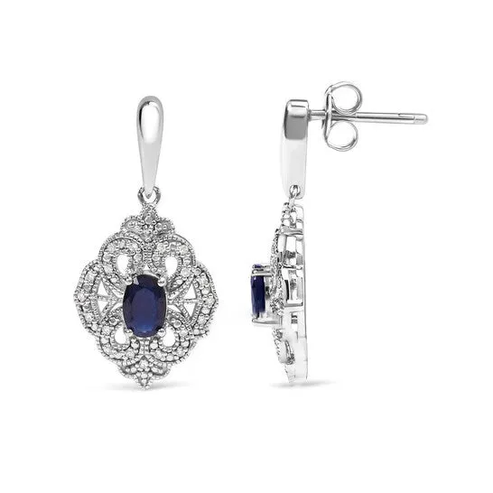 JMS always Earrings Original 925 Sterling Silver 6x4 MM Oval Blue Sapphire and White Diamond Accent Art Deco Style Shield Dangle Earring IJ Color I3 Clarity JMS always Earrings Original 925 Sterling Silver 6x4 MM Oval Blue Sapphire and White Diamond Accent Art Deco Style Shield Dangle Earring IJ Color I3 Clarity