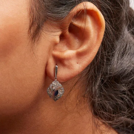 JMS always Earrings Original 925 Sterling Silver 6x4 MM Oval Blue Sapphire and White Diamond Accent Art Deco Style Shield Dangle Earring IJ Color I3 Clarity JMS always Earrings Original 925 Sterling Silver 6x4 MM Oval Blue Sapphire and White Diamond Accent Art Deco Style Shield Dangle Earring IJ Color I3 Clarity