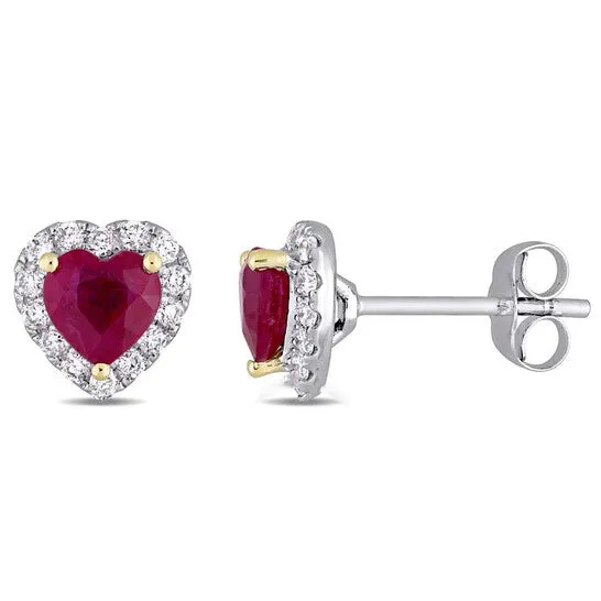 JMS always Earrings Original AMOUR Heart Shape Ruby and 13 CT TW Diamond Halo Stud Earrings In 14K White Gold with Yellow Gold Prongs JMS always Earrings Original AMOUR Heart Shape Ruby and 13 CT TW Diamond Halo Stud Earrings In 14K White Gold with Yellow Gold Prongs