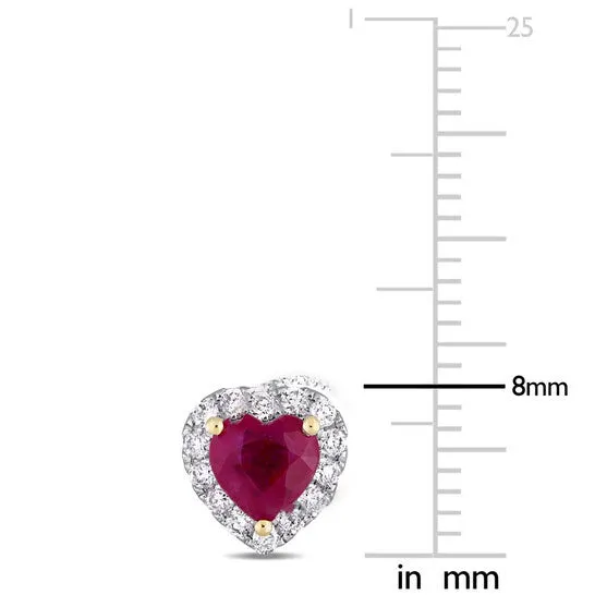 JMS always Earrings Original AMOUR Heart Shape Ruby and 13 CT TW Diamond Halo Stud Earrings In 14K White Gold with Yellow Gold Prongs JMS always Earrings Original AMOUR Heart Shape Ruby and 13 CT TW Diamond Halo Stud Earrings In 14K White Gold with Yellow Gold Prongs