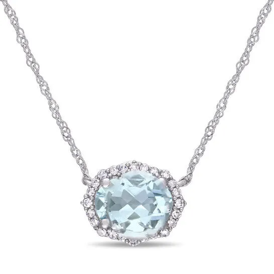 JMS always Necklaces Original AMOUR 1 CT TGW Aquamarine and 110 CT TW Diamond Vintage Halo Necklace In 10K White Gold JMS always Necklaces Original AMOUR 1 CT TGW Aquamarine and 110 CT TW Diamond Vintage Halo Necklace In 10K White Gold