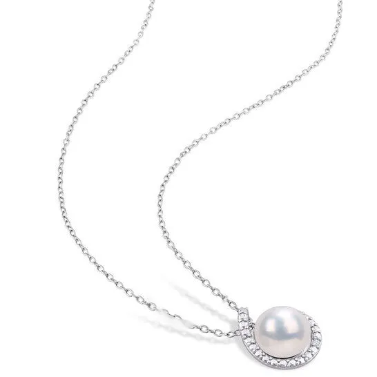 JMS always Necklaces Original AMOUR 885mm Freshwater Cultured Pearl and Diamond Accent Halo Pendant with Chain In Sterling Silver JMS always Necklaces Original AMOUR 885mm Freshwater Cultured Pearl and Diamond Accent Halo Pendant with Chain In Sterling Silver