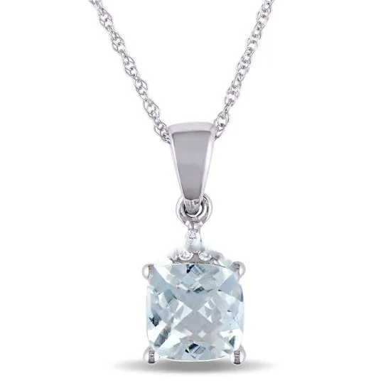 JMS always Necklaces Original AMOUR Cushion Cut Checkerboard Aquamarine Pendant and Chain with Diamond Accent In 10K White Gold JMS always Necklaces Original AMOUR Cushion Cut Checkerboard Aquamarine Pendant and Chain with Diamond Accent In 10K White Gold