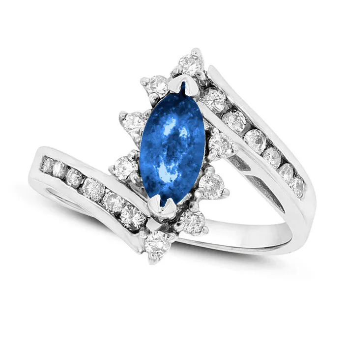 Marquise Blue Sapphire and 033 CT TW Natural Diamond Starburst Frame Bypass Ring in Solid 14K White Gold Goldia Rings Marquise Blue Sapphire and 033 CT TW Natural Diamond Starburst Frame Bypass Ring in Solid 14K White Gold Goldia Rings