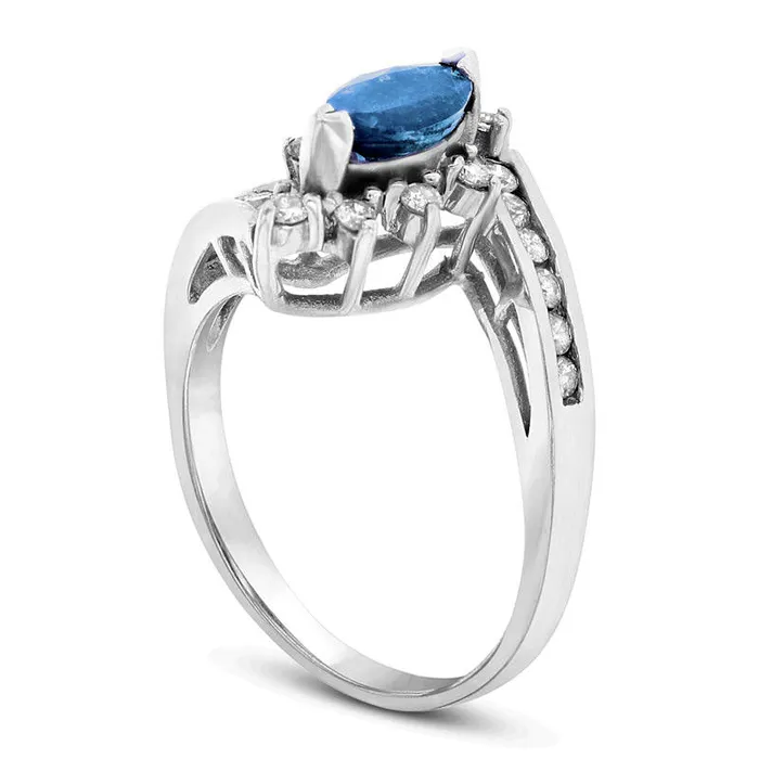 Marquise Blue Sapphire and 033 CT TW Natural Diamond Starburst Frame Bypass Ring in Solid 14K White Gold Goldia Rings Marquise Blue Sapphire and 033 CT TW Natural Diamond Starburst Frame Bypass Ring in Solid 14K White Gold Goldia Rings