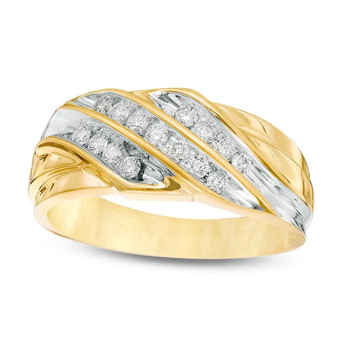 Mens 038 CT TW Natural Diamond Slanted Three Row Ring in Solid 10K TwoTone Gold Goldia Rings Mens 038 CT TW Natural Diamond Slanted Three Row Ring in Solid 10K TwoTone Gold Goldia Rings