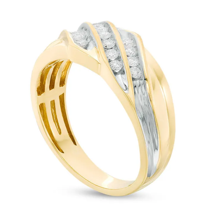 Mens 038 CT TW Natural Diamond Slanted Three Row Ring in Solid 10K TwoTone Gold Goldia Rings Mens 038 CT TW Natural Diamond Slanted Three Row Ring in Solid 10K TwoTone Gold Goldia Rings