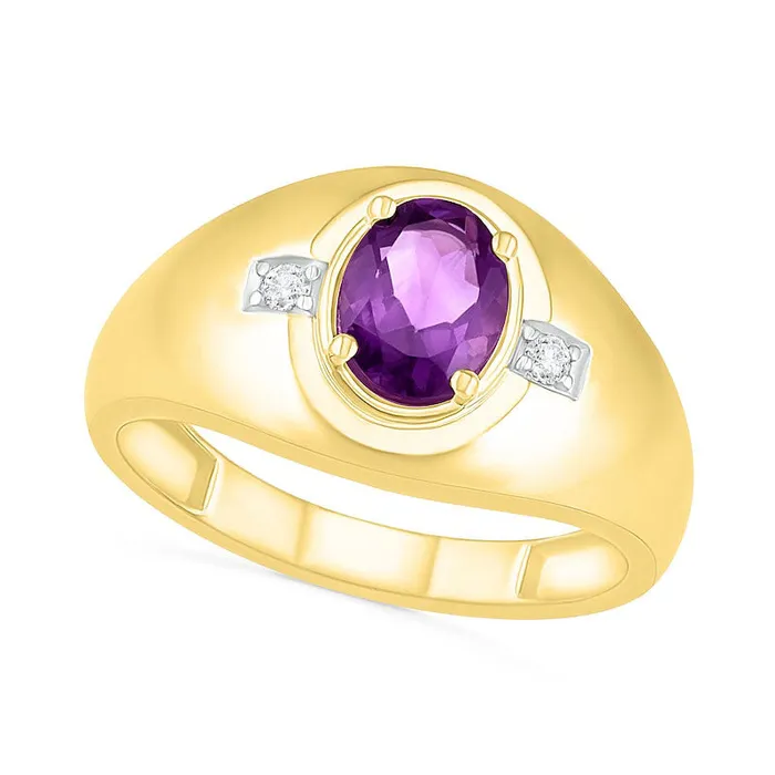 Mens Oval Amethyst and 005 CT TW Natural Diamond Side Accent Signet Ring in Solid 10K Yellow Gold Goldia Rings Mens Oval Amethyst and 005 CT TW Natural Diamond Side Accent Signet Ring in Solid 10K Yellow Gold Goldia Rings