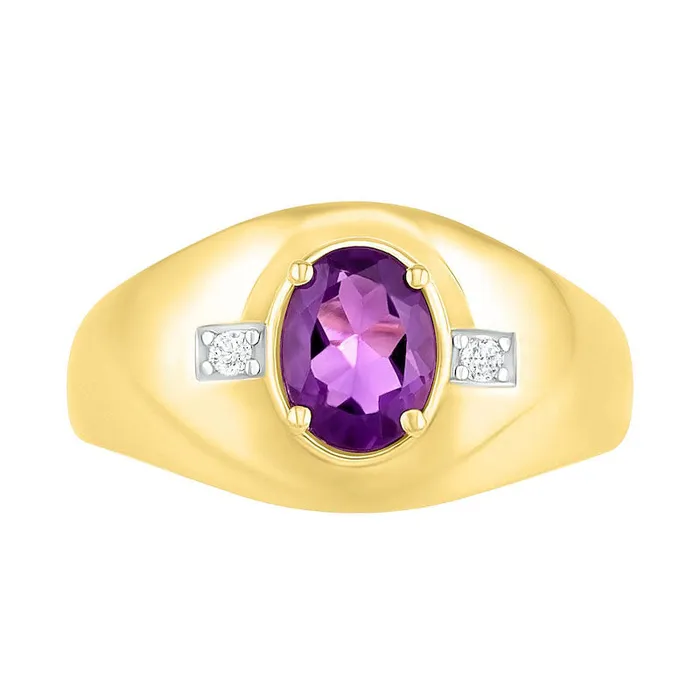 Mens Oval Amethyst and 005 CT TW Natural Diamond Side Accent Signet Ring in Solid 10K Yellow Gold Goldia Rings Mens Oval Amethyst and 005 CT TW Natural Diamond Side Accent Signet Ring in Solid 10K Yellow Gold Goldia Rings