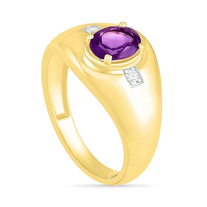 Mens Oval Amethyst and 005 CT TW Natural Diamond Side Accent Signet Ring in Solid 10K Yellow Gold Goldia Rings Mens Oval Amethyst and 005 CT TW Natural Diamond Side Accent Signet Ring in Solid 10K Yellow Gold Goldia Rings