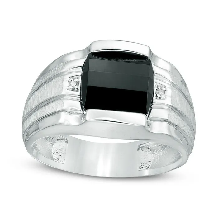 Mens 95mm Cushion Cut Onyx and Natural Diamond Accent Ring in Sterling Silver Goldia Rings Mens 95mm Cushion Cut Onyx and Natural Diamond Accent Ring in Sterling Silver Goldia Rings