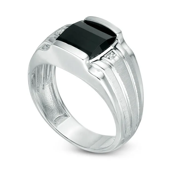 Mens 95mm Cushion Cut Onyx and Natural Diamond Accent Ring in Sterling Silver Goldia Rings Mens 95mm Cushion Cut Onyx and Natural Diamond Accent Ring in Sterling Silver Goldia Rings