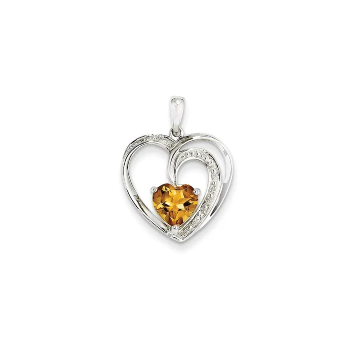 Necklaces 14k White Gold Real Diamond and Citrine Heart Pendant Goldia