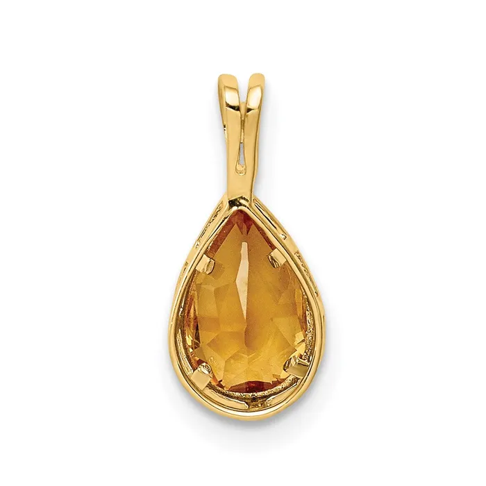 Necklaces 14K Yellow Gold 8x5mm Pear Citrine Checker bezel pendant Goldia