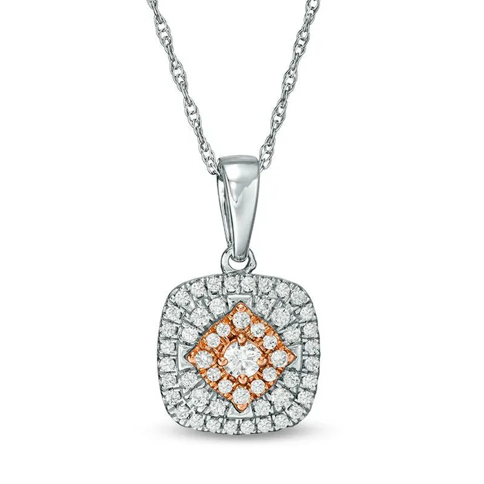 Necklaces Goldia 033 CT TW Composite Natural Diamond Double Cushion Frame Pendant in 10K TwoTone Gold Necklaces Goldia 033 CT TW Composite Natural Diamond Double Cushion Frame Pendant in 10K TwoTone Gold