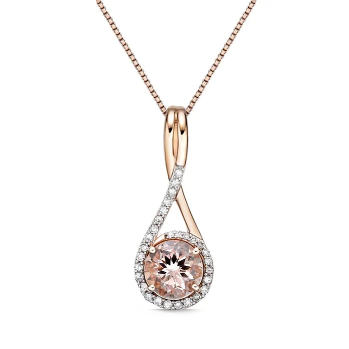Necklaces Goldia 70mm Morganite and 017 CT TW Natural Diamond Loop Frame Twisted Teardrop Pendant in 10K Rose Gold Necklaces Goldia 70mm Morganite and 017 CT TW Natural Diamond Loop Frame Twisted Teardrop Pendant in 10K Rose Gold