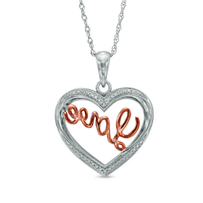 Necklaces Goldia Natural Diamond Accent Heart with Cursive Love Pendant in Sterling Silver and 10K Rose Gold Plate Necklaces Goldia Natural Diamond Accent Heart with Cursive Love Pendant in Sterling Silver and 10K Rose Gold Plate