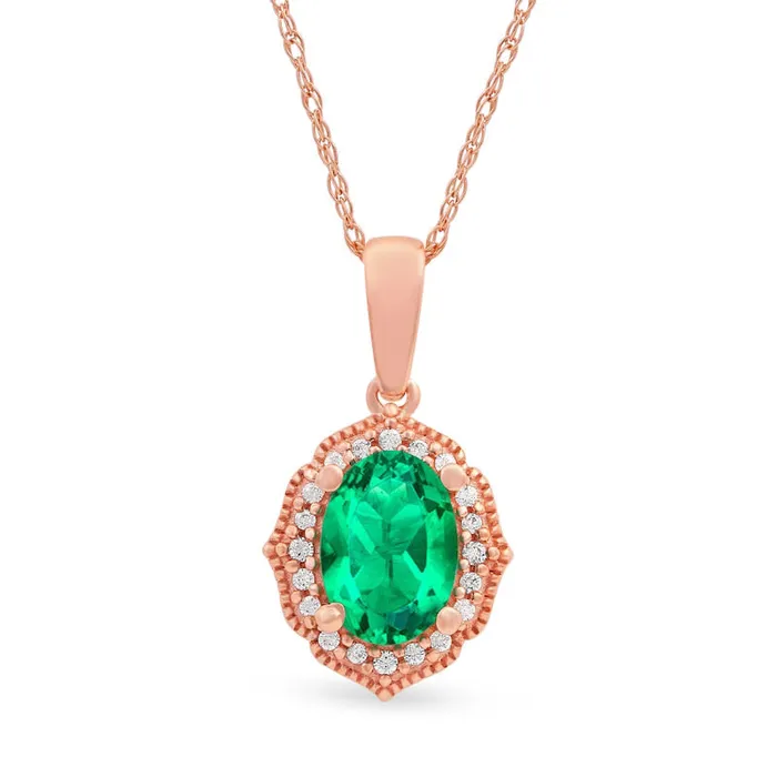 Necklaces Goldia Oval Emerald and 005 CT TW Natural Diamond Quatrefoil Frame Antique VintageStyle Pendant in 10K Rose Gold Necklaces Goldia Oval Emerald and 005 CT TW Natural Diamond Quatrefoil Frame Antique VintageStyle Pendant in 10K Rose Gold