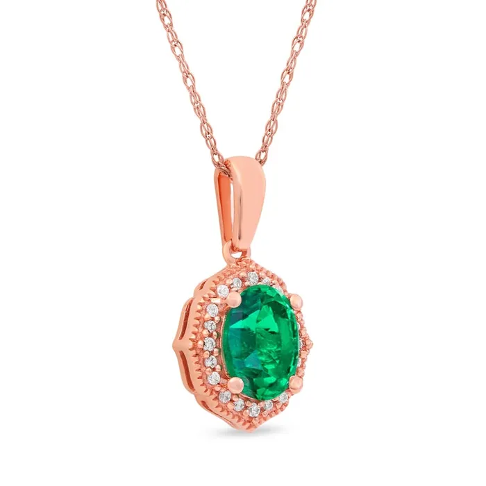 Necklaces Goldia Oval Emerald and 005 CT TW Natural Diamond Quatrefoil Frame Antique VintageStyle Pendant in 10K Rose Gold Necklaces Goldia Oval Emerald and 005 CT TW Natural Diamond Quatrefoil Frame Antique VintageStyle Pendant in 10K Rose Gold